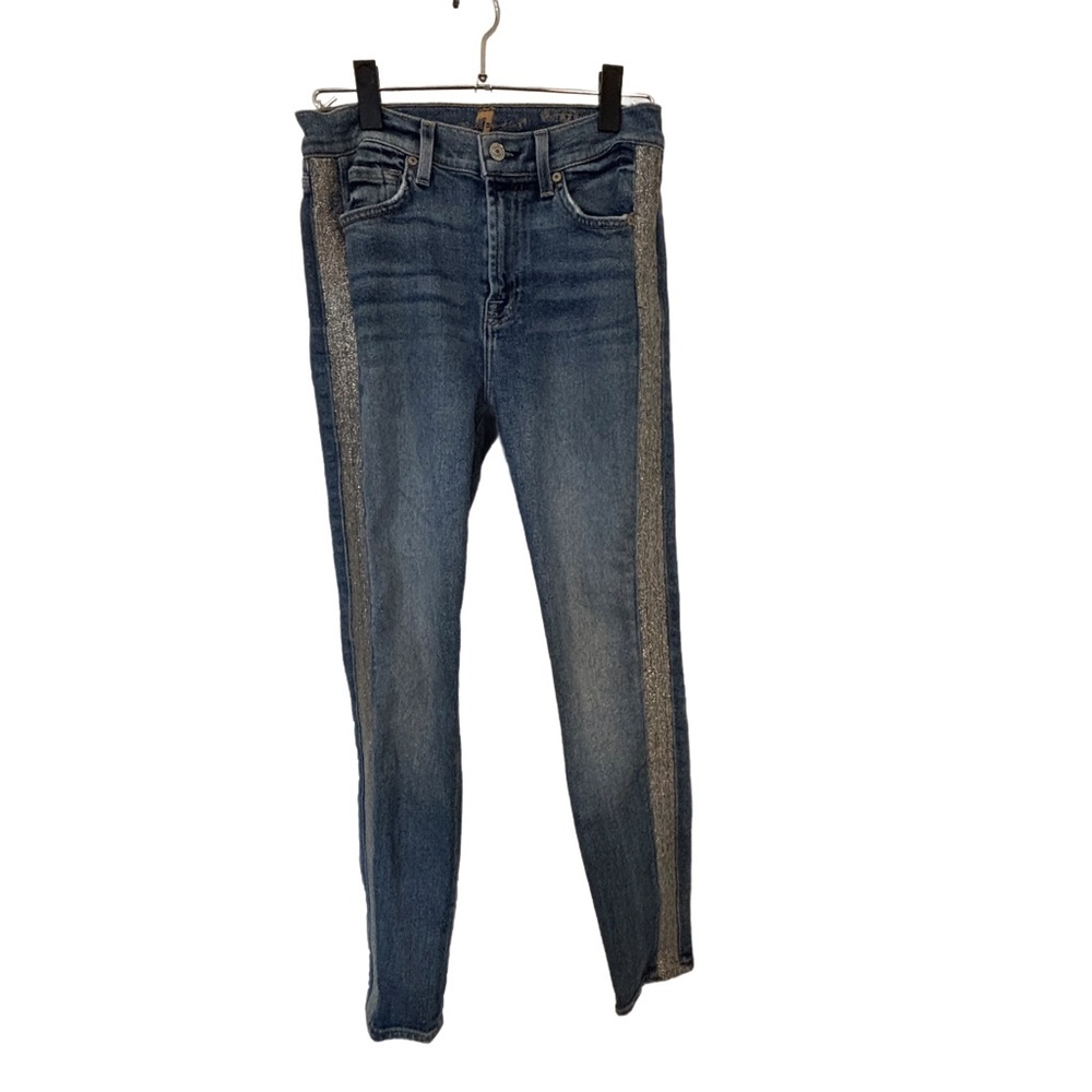 Luxe Vintage 7 For All Mankind High Waist Ankle Skinny Metalic Side Jeans SZ 26
